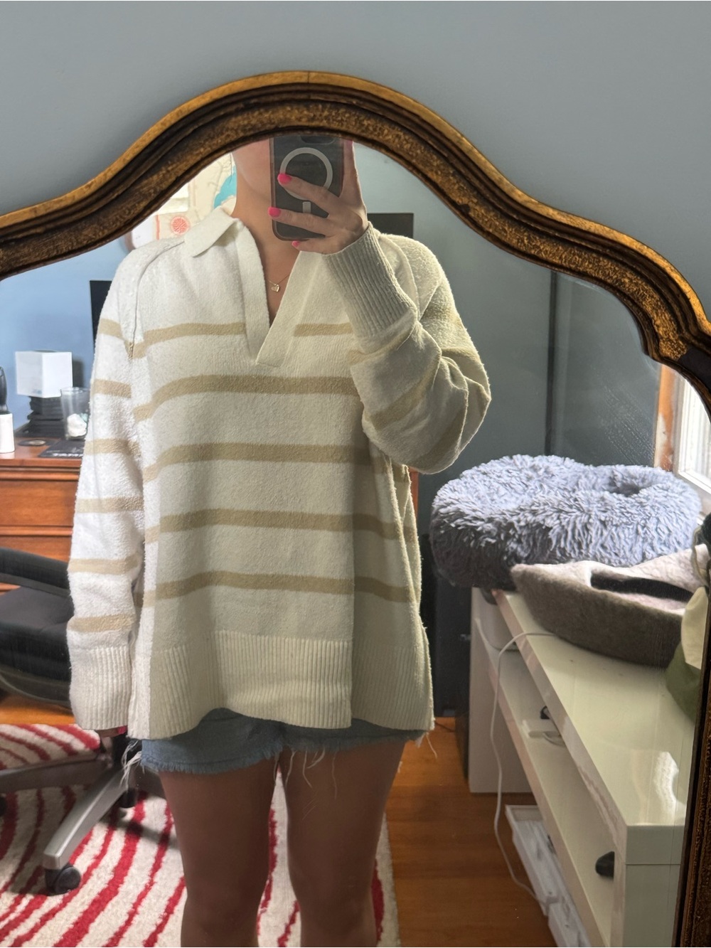 American Eagle Outfitters Cream and Beige Striped V-Neck Polo Sweater